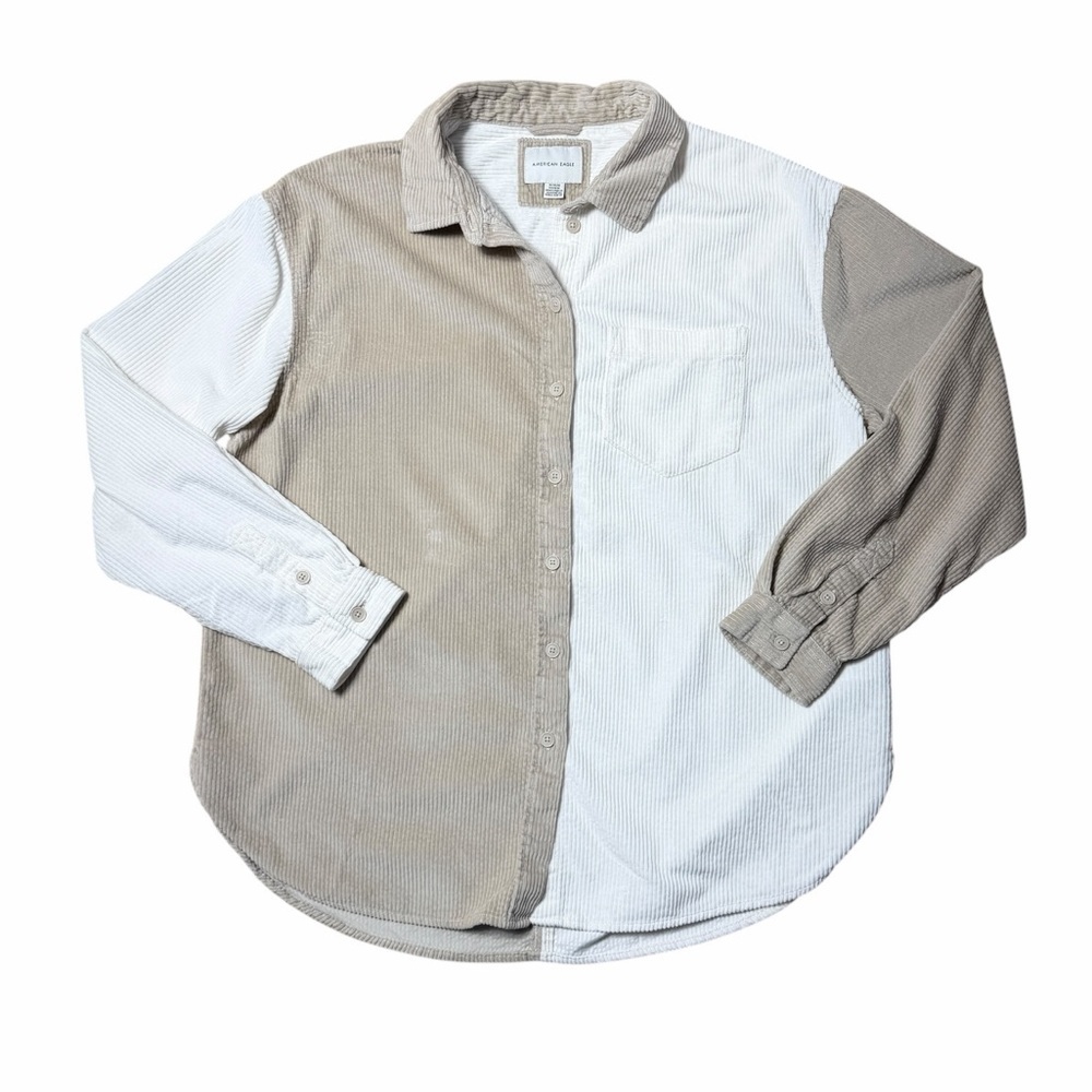 American Eagle Colorblock Corduroy Button Up Shirt Cream and Tan Womens M